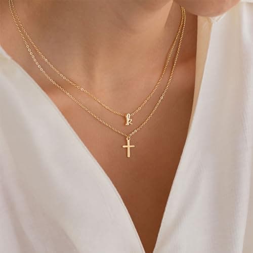 Trendy 14k Gold Plated Initial Cross Necklace Gifts for Her