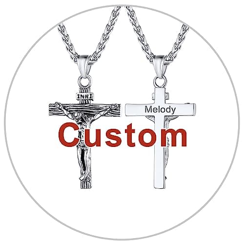 Antique U7 Men's Crucifix Necklace, 18K Gold Tone & Stainless Steel, 22" Chain, Gift Packed