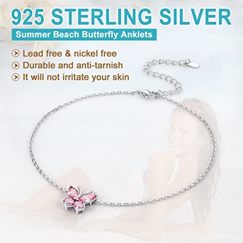 SILVERCUTE 925 Sterling Silver Butterfly Anklet for Women Waterproof Summer Beach Jewelry 22-27cm