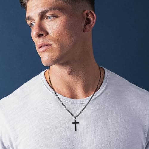 LUXEJEW Stainless Steel Figaro Chain Cross Pendant Necklace - Black, Silver, Gold