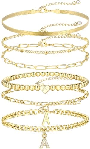 14K Gold Plated Initial Bracelet Set, Dainty & Stackable for Women