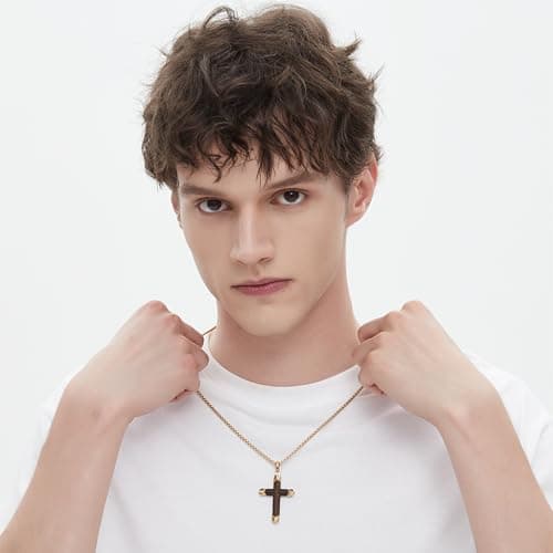 Ropartman Hand-Inlaid Ebony Gold Stainless Steel Cross Necklace for Men