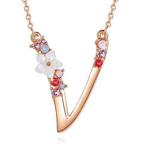 GEMMANCE Pink Red Blue Simulated Pearl Pendant Initial Letter Necklace Rose Gold Plated Anniversary Gifts for Women