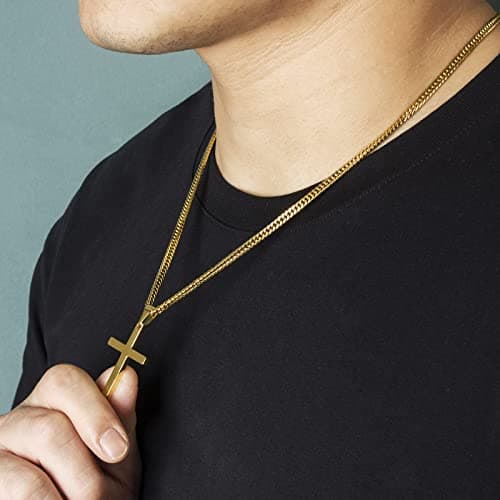 Men's Silver Gold Stainless Steel Plain Cross Pendant Necklace Cuban Chain 18-26 Inch