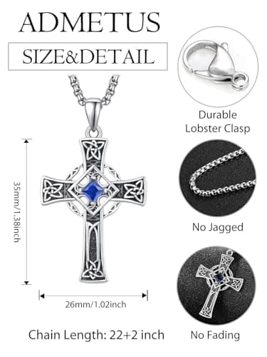Admetus Sterling Silver Celtic Cross Necklace for Men with Birthstone Chain