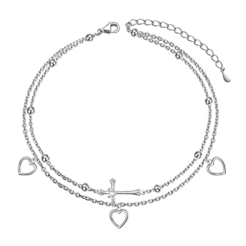 Flyow Sterling Silver Heart Charm Adjustable Anklet for Women