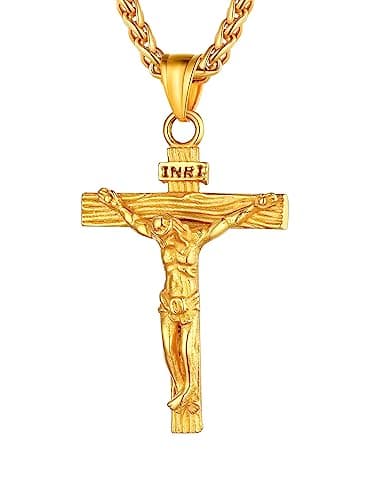 Antique U7 Men's Crucifix Necklace, 18K Gold Tone & Stainless Steel, 22" Chain, Gift Packed