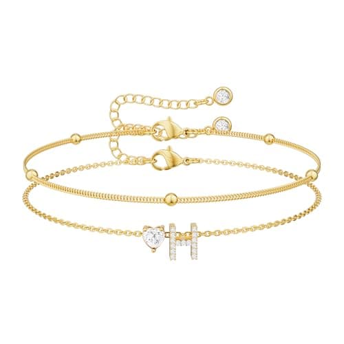Tewiky Initial Heart Gold Bracelets for Women 14K Gold Plated Zircon Charm Charms Jewelry Gift