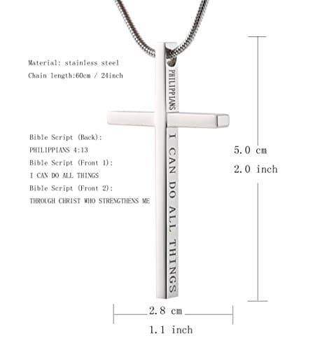 HZMAN Philippians 4:13 Strength Cross Pendant Stainless Steel Necklace