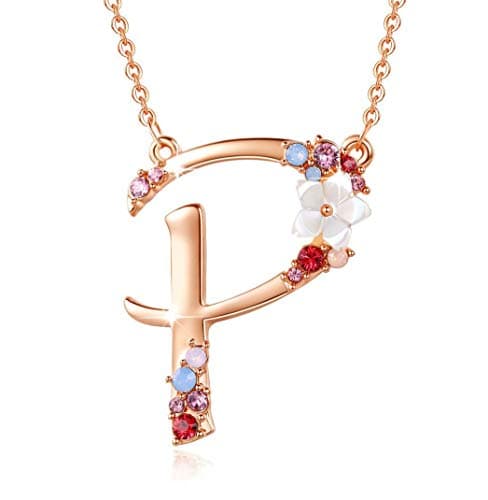 GEMMANCE Pink Red Blue Simulated Pearl Pendant Initial Letter Necklace Rose Gold Plated Anniversary Gifts for Women