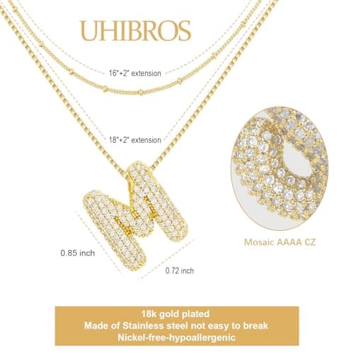 UHIBROS Gold Balloon Initial Necklace, Personalized 18K Gold Plated Alphabet Pendant