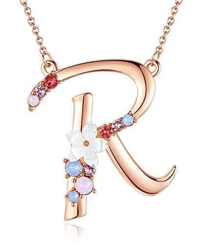 GEMMANCE Pink Red Blue Simulated Pearl Pendant Initial Letter Necklace Rose Gold Plated Anniversary Gifts for Women
