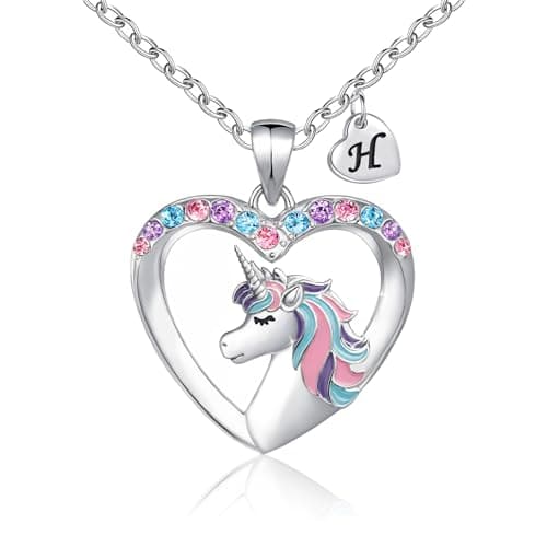 Silver Heart Unicorn Necklace with Initial CZ - Gift for Girls, Teen, andKids