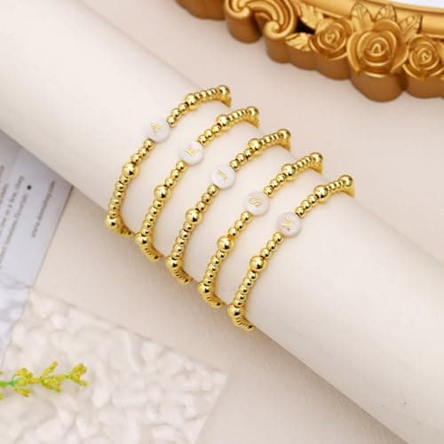 14K Gold Plated Initial Beaded Bracelet for Women and Teen Girls
