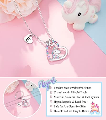 UNGENT THEM Silver Unicorn Initial Necklaces for Girls' Birthday Gifts