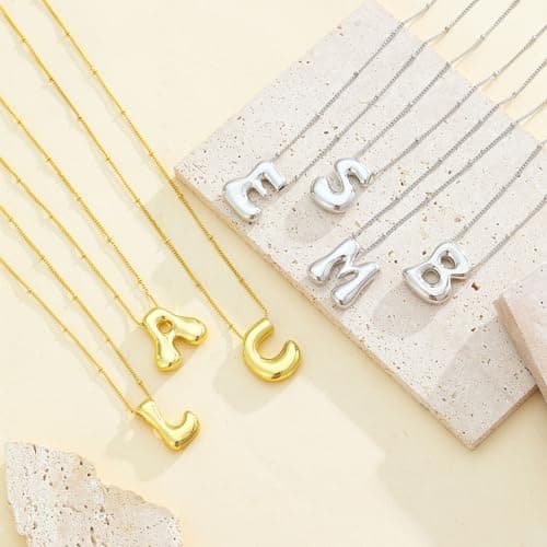 Moiegouct 14K Gold Plated 3D Initial Necklace with Beaded Chain Personalized Jewelry for Women