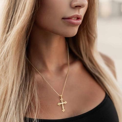 Chantel Yorke 14K Gold Cross Necklace Women's Baroque Pendant CZ Stones 43cm