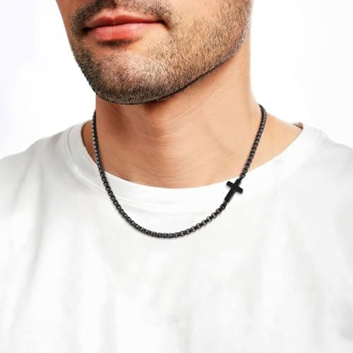 FLHEART Stainless Steel Mens Cross Necklace, Silver/Black Box Chain, 20"/22"