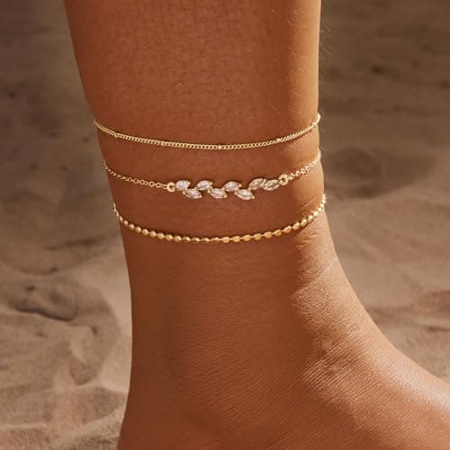 MIDEEO Women's 14K Gold Heart Herringbone Anklets Rhinestone Jewelry Gift