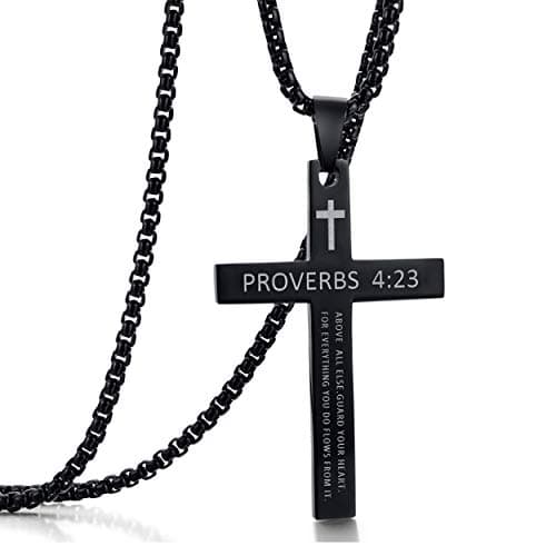 Stainless Steel Cross Pendant Necklaces with Proverbs 4:23 for Men or Women (24 Inch Chain)