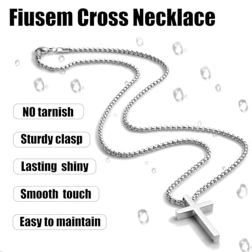 Fiusem Men's Silver/Gold/Black Cross Necklace, 2.5mm Chain, Stainless Steel Pendant, 16-24 Inch