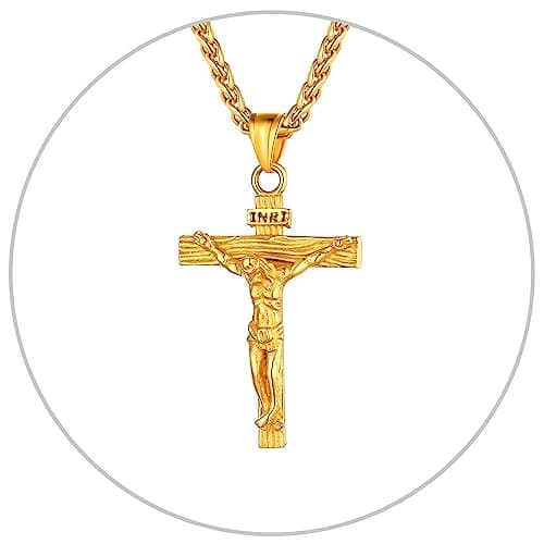 Antique U7 Men's Crucifix Necklace, 18K Gold Tone & Stainless Steel, 22" Chain, Gift Packed