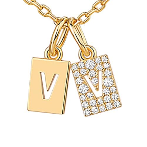 PavoI 14K Gold Plated Initial Double Dog Tag CZ Necklace for Women