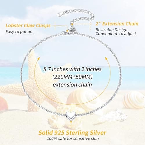 Chic Silver Personalized 925 Sterling Silver Tiny Heart Anklet for Women, Silver/Gold/Rose Gold (With Gift Box)