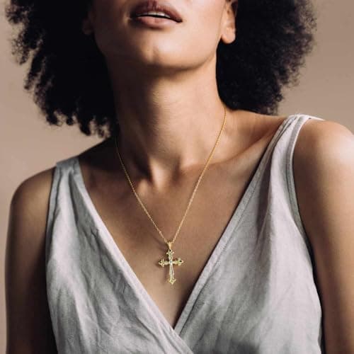 Chantel Yorke 14K Gold Cross Necklace Women's Baroque Pendant CZ Stones 43cm
