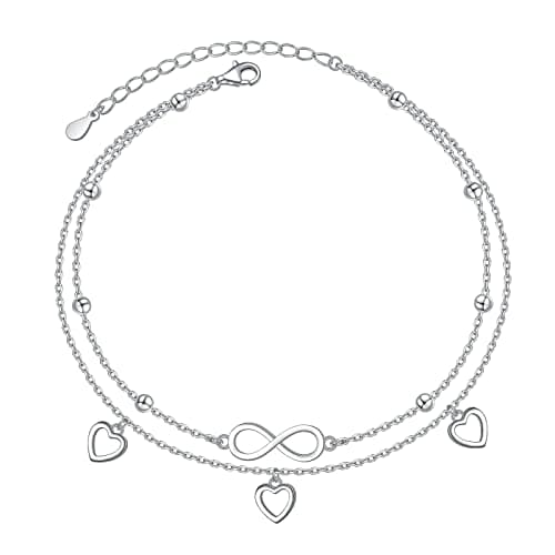 Flyow Sterling Silver Heart Charm Adjustable Anklet for Women
