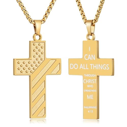 Fiusem American Flag Cross Chain Necklace, Stainless Steel for Men
