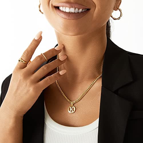 KissYan 14K Gold Plated Round Letter Pendant Necklace Alphabet A-Z Women Men