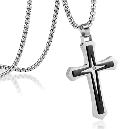 MOOSKI Mens Silver/Gold/Black Cross Necklace, 3mm Chain, Stainless Steel Pendant, Rolo Chain 22-24 Inch