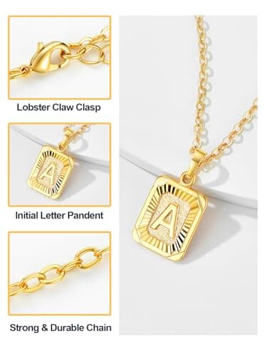 A-Z 26 Letter Monogram Necklace in 18K Gold/Platinum Plated Square Initials for Him and Her