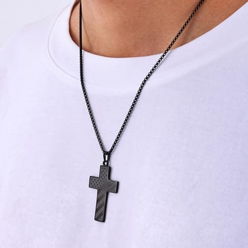 Fiusem American Flag Cross Chain Necklace, Stainless Steel for Men