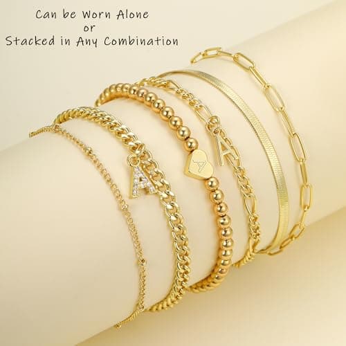 14K Gold Plated Initial Bracelet Set, Dainty & Stackable for Women