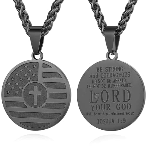American Flag Cross Necklace for Men, Stainless Steel & Bible Verse, 24 Inches Wheat Chain