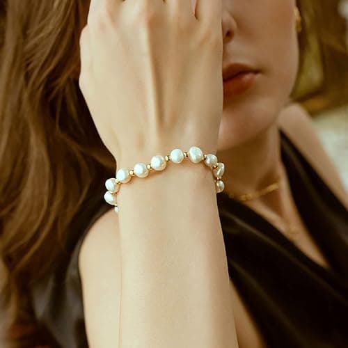 Bossimi 14K Gold Filled Baroque Pearl Adjustables Bracelet for Women Valentine Charm