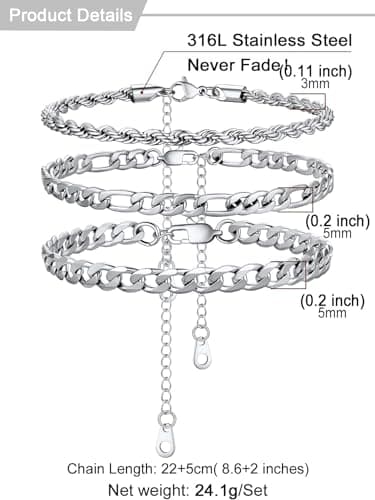 Stainless Steel Cuban Link Anklet Sets for Women, Adjustable 8.5"-10.5"