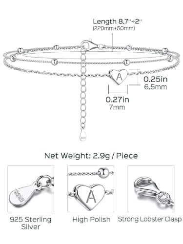 Stylish Women's 925 Sterling Silver Heart Anklets with Beads (Gift Box Included)