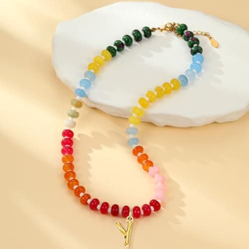 Stylish Handmade Colorful Beaded Choker Necklace with Natural Stone Letter Charm Jewelry for Women