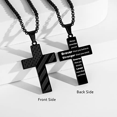 HattiDoris American Flag Cross Necklace for Men Stainless Steel Chain Inspirational Jewelry