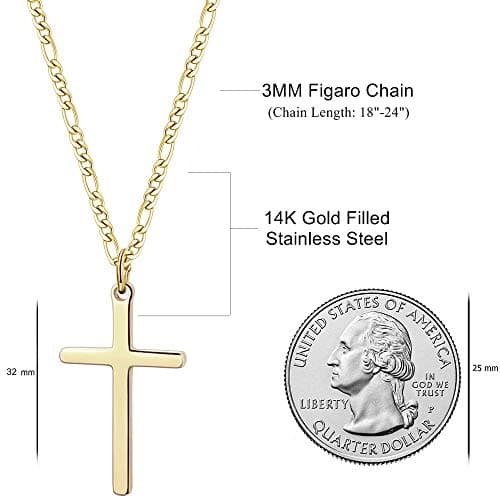 Joxevyia 14K Gold Filled Cross Necklace Figaro Chain Simple Faith Gift