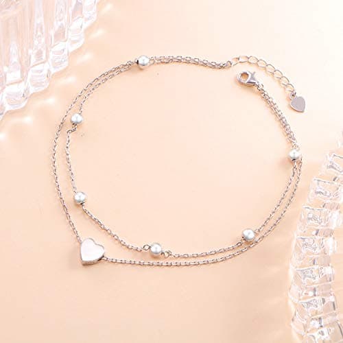 Flyow Sterling Silver Heart Charm Adjustable Anklet for Women