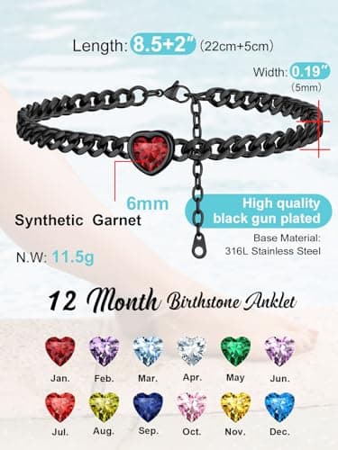 ChainsProMax Women's Heart Anklets Birthstone Ankle Bracelet, Black, Gift Box