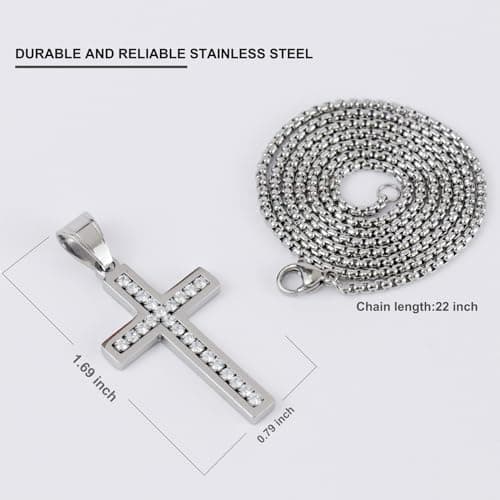 VI-FA Men's Cross Necklace with Pave CZ Pendant & 22-Inch Box Chain