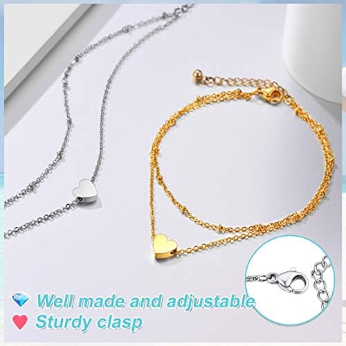 ChainsPro Women's S925 Sterling Silver Adjustable Heart/Moon/Handcuff Anklet, Summer Jewelry Gift Box