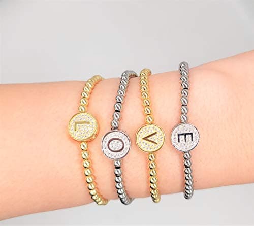 You Initial Bracelets for Women 26 Letter Alphabet Round Charm Gold Silver Stainless Steel Beaded