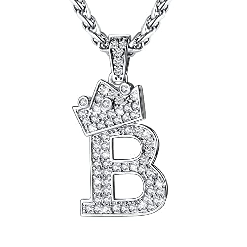 Iced Out U7 Crown Initial Letter Pendant, 22-24 Inch Chain Jewelry, Color Steel, Black, Gold