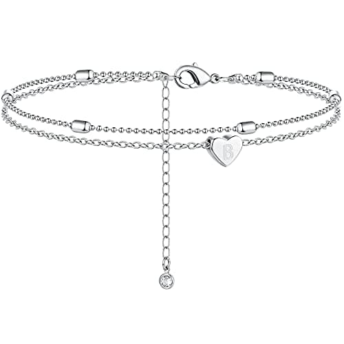 Moodear Silver Anklets for Women - Waterproof Layered Heart Charm Anklet